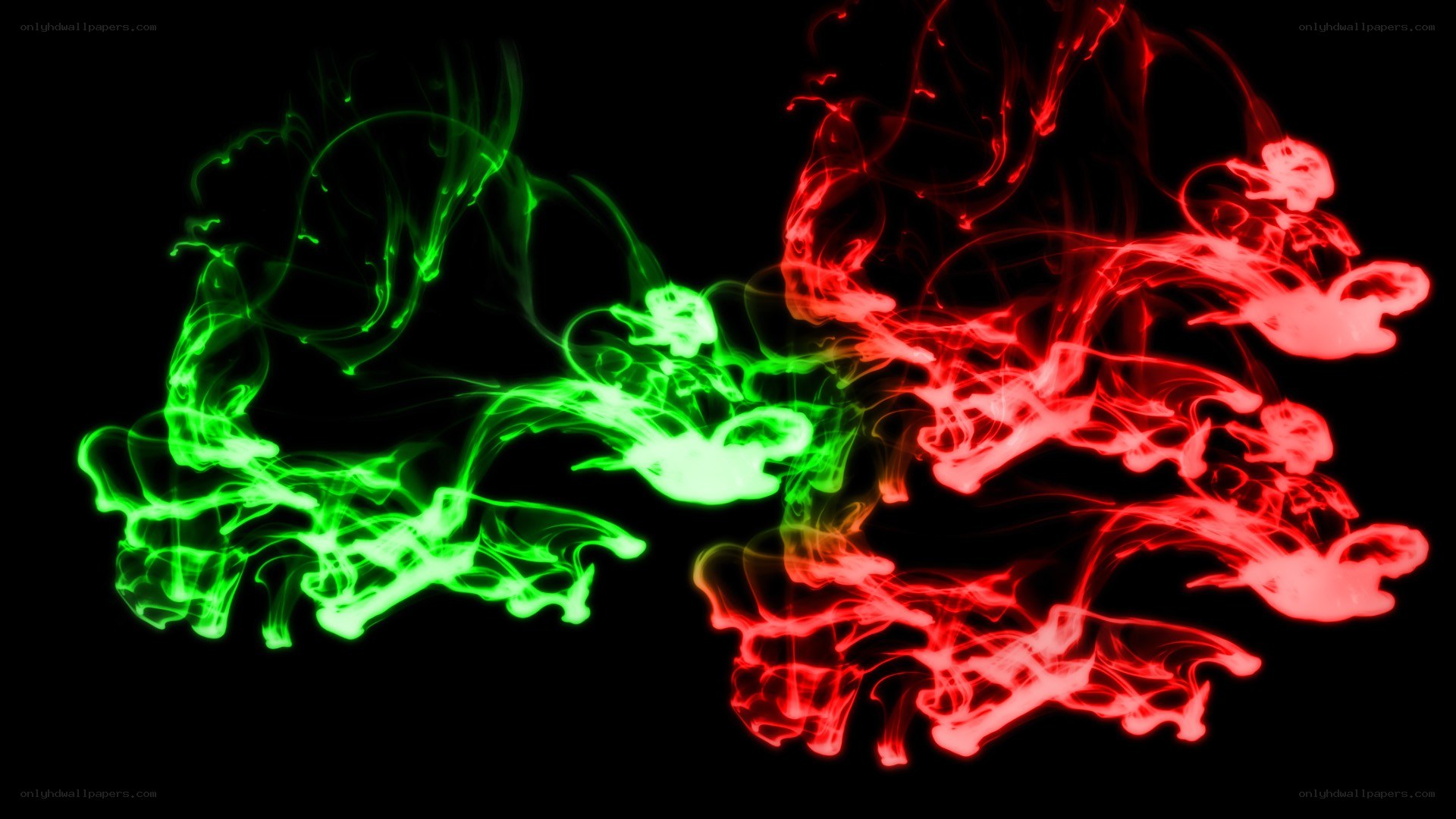 green and red smoke swirls