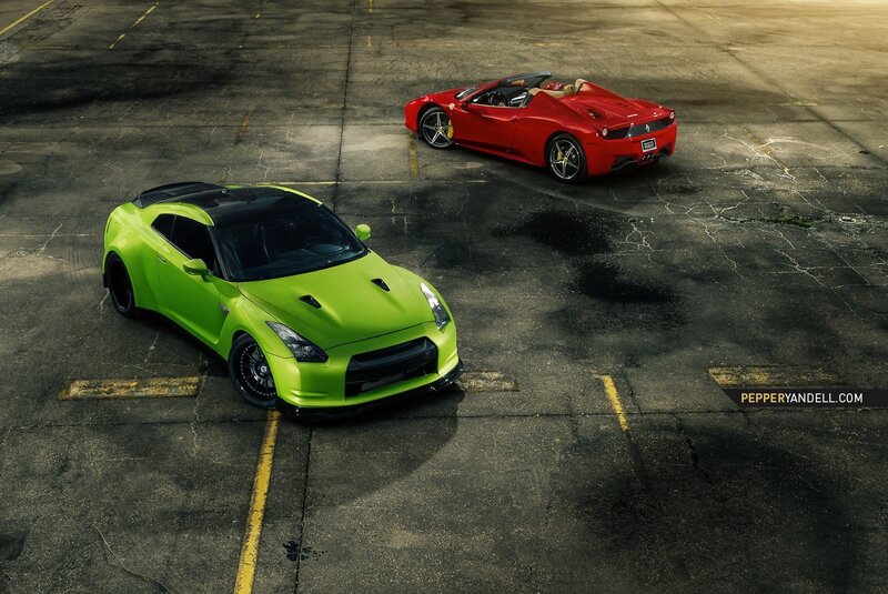 Green and red sports cars