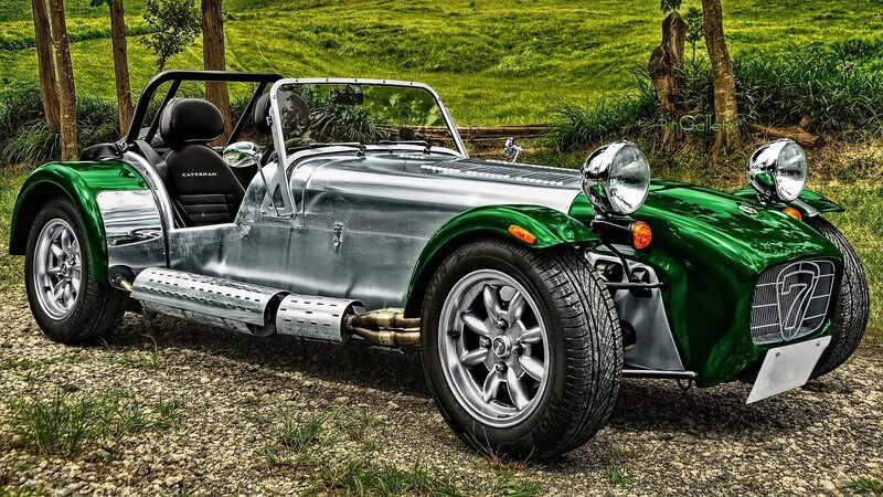 Green and silver Caterham sports car