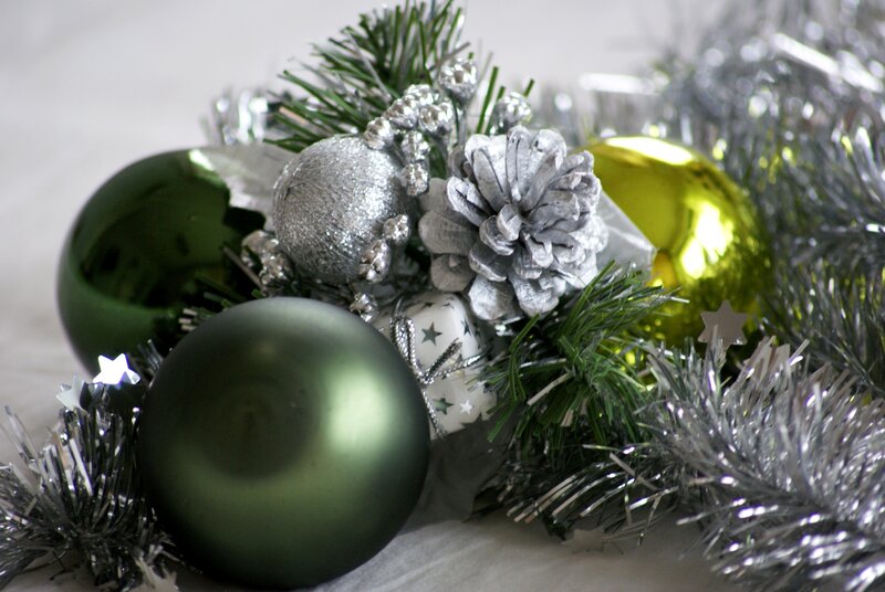 Green and Silver Ornaments — Festive, Winter, Photograph, Pine Cone