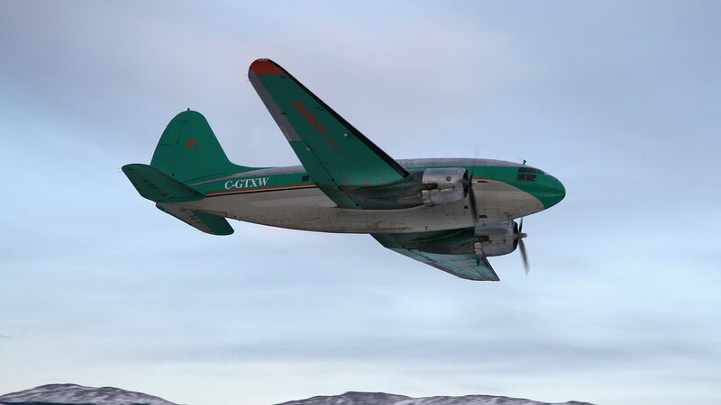 Green and white airplane in flight