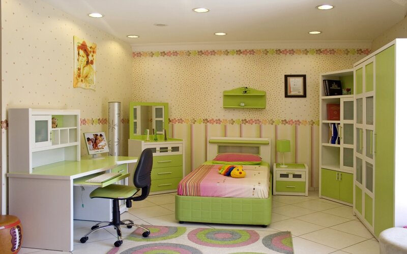 green and white children's bedroom