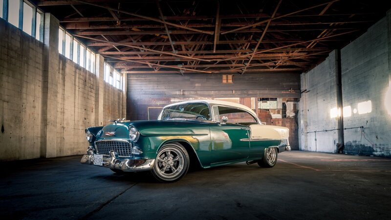 Green and White Classic Car — Dramatic
