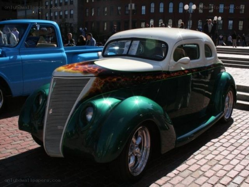 green and white classic car