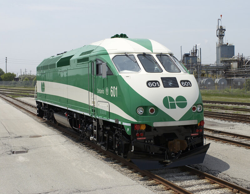 Green and white GO train locomotive