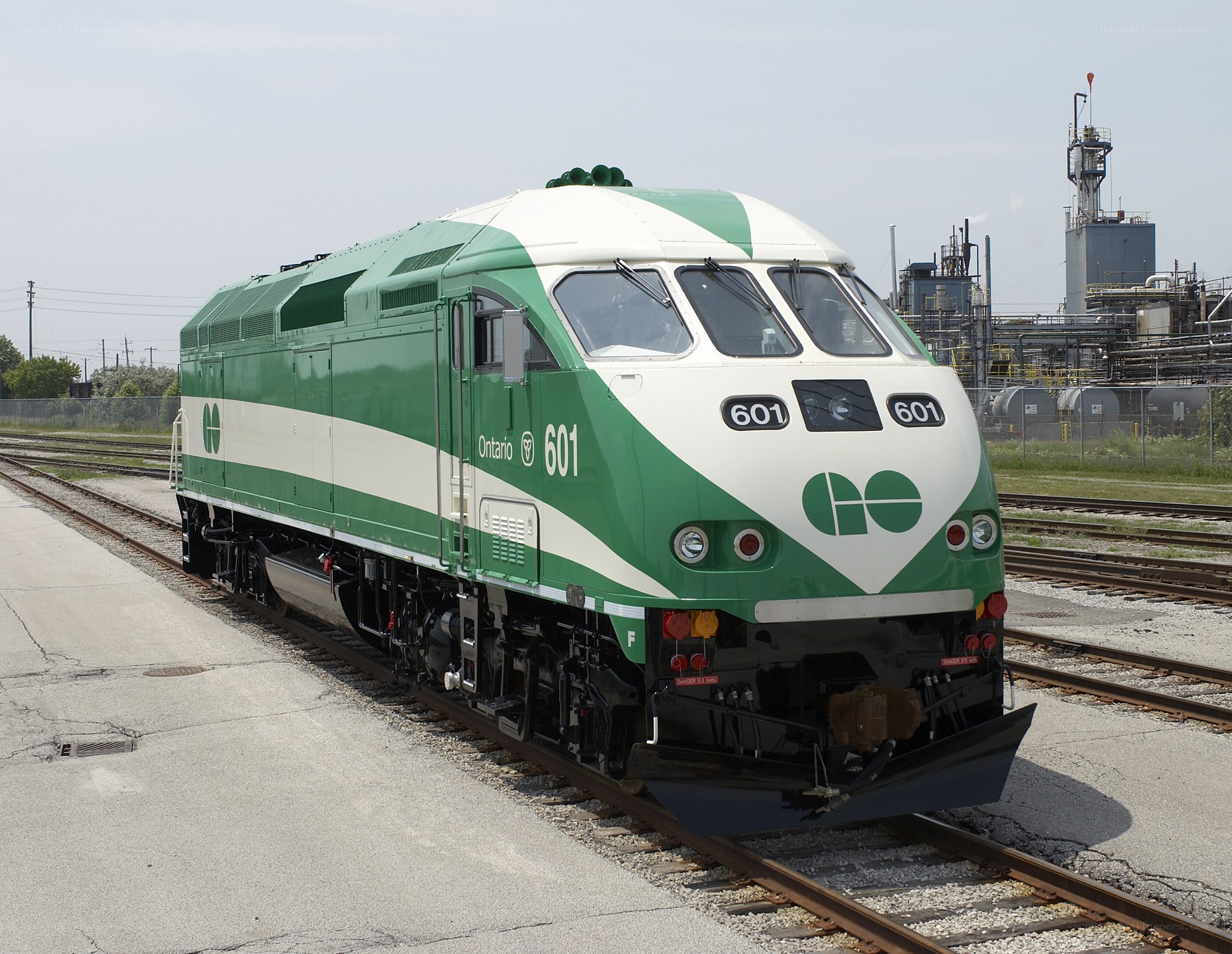 Green and white GO train locomotive