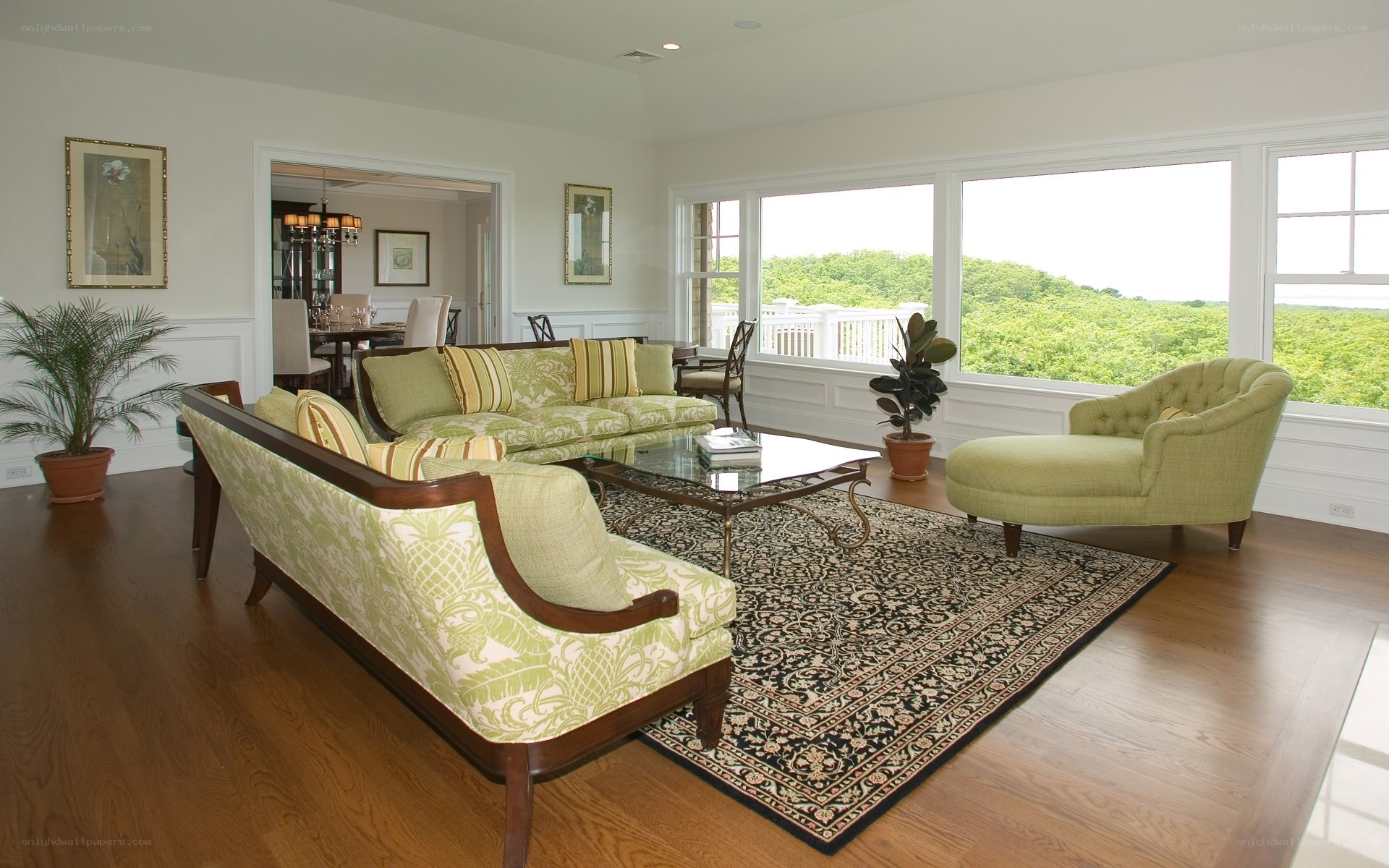 Green and white living room