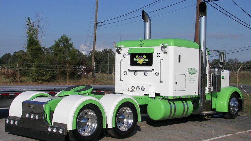 Green and White Semi-truck — Outdoor