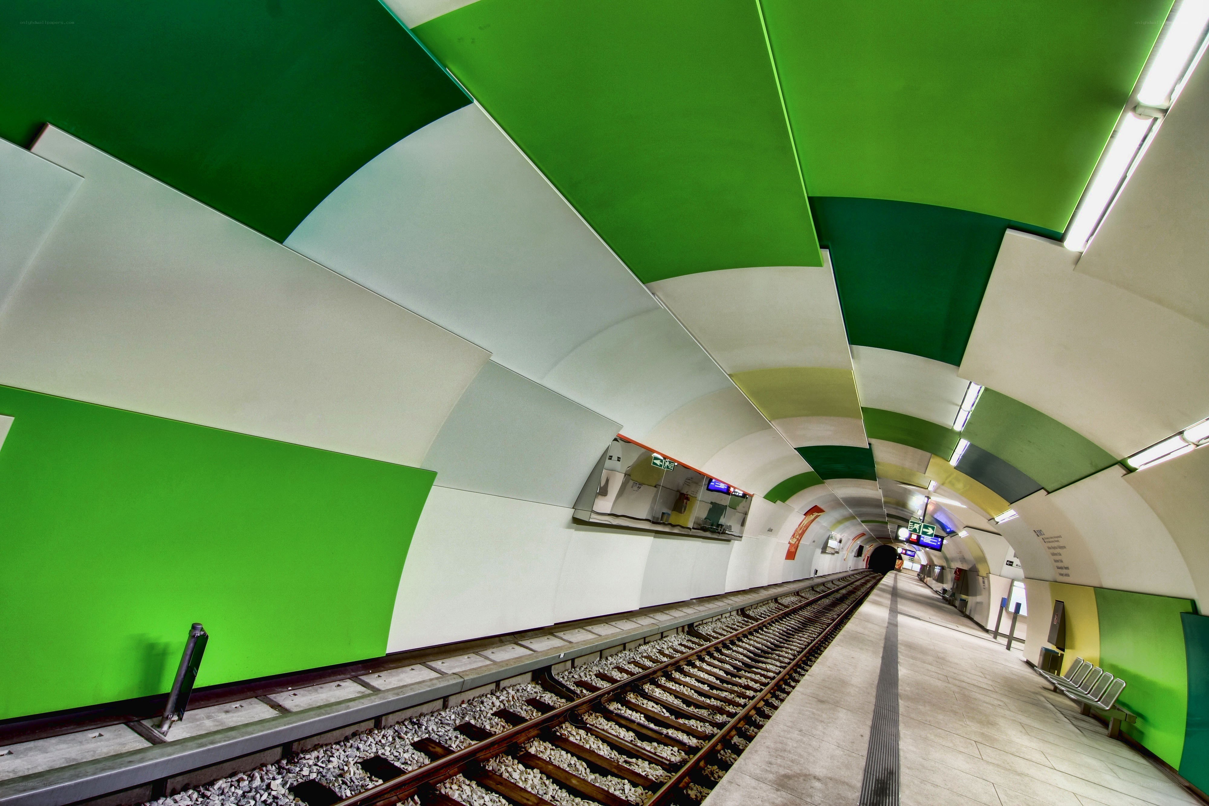 Green and white subway station