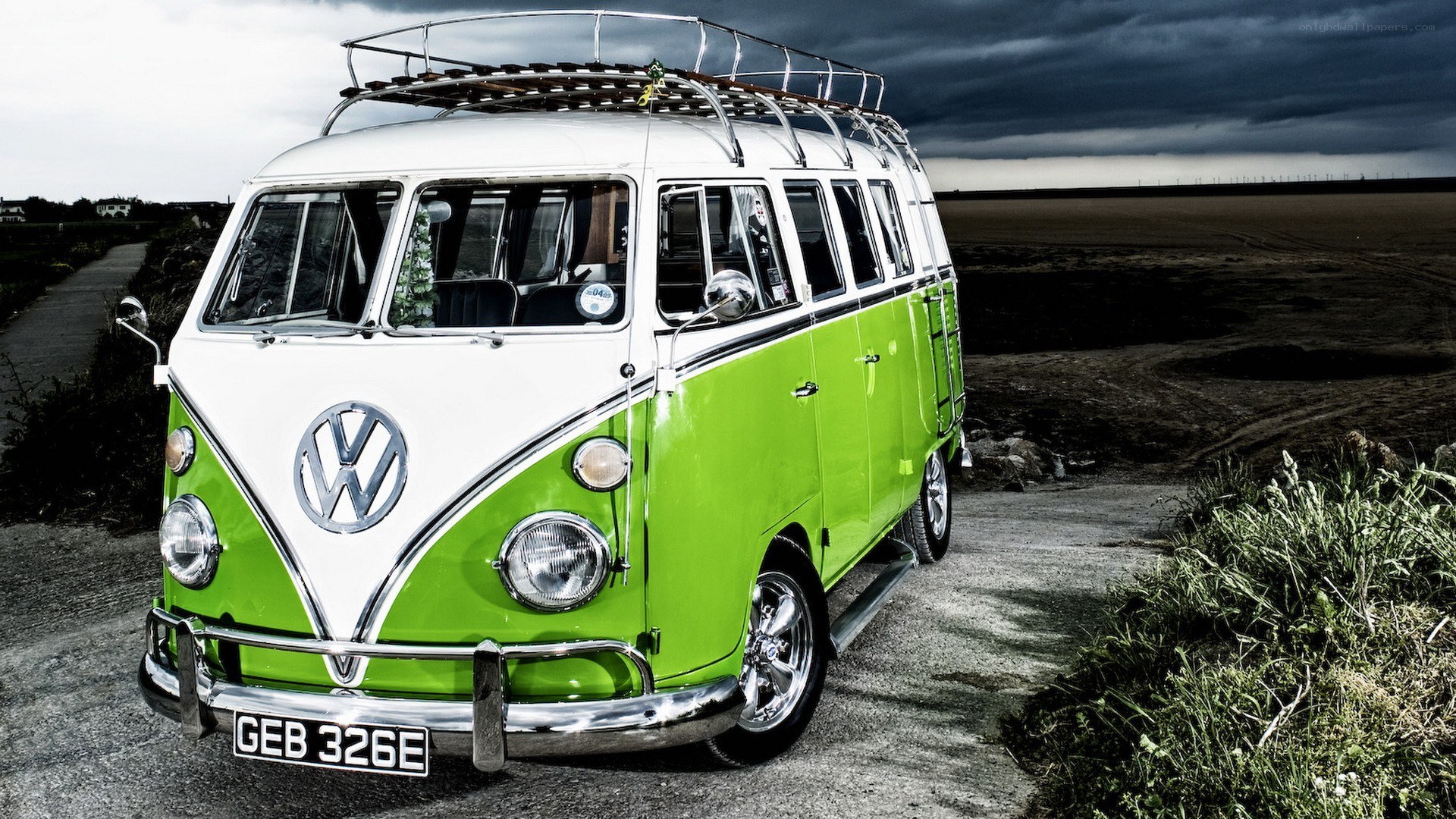 Green and white VW camper van