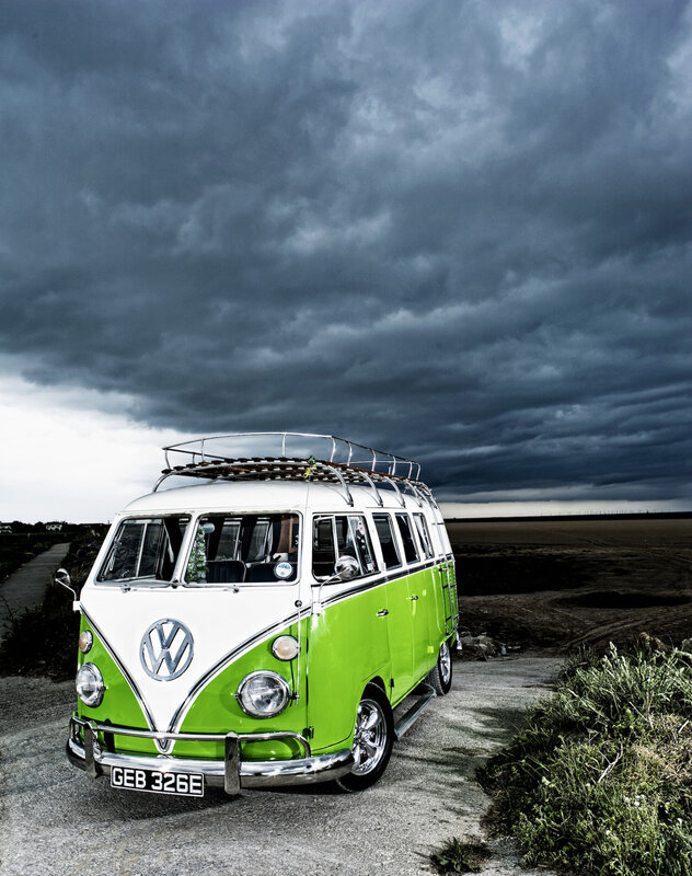 Green and white VW camper van