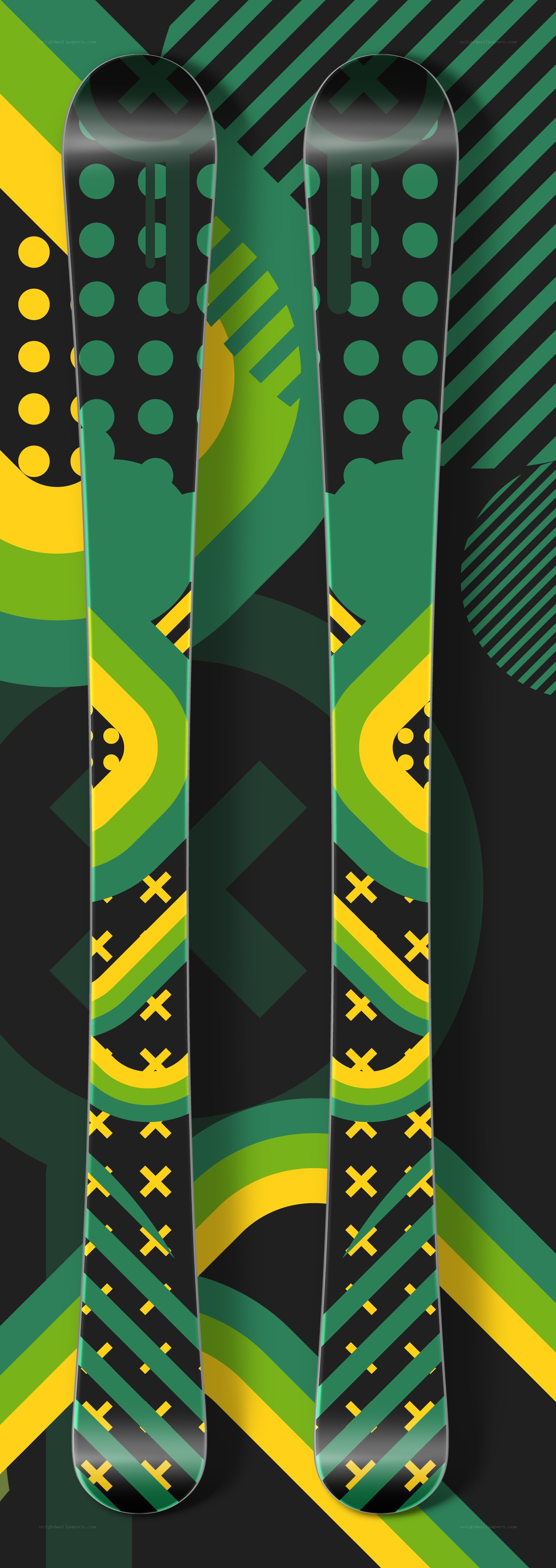 green and yellow skis
