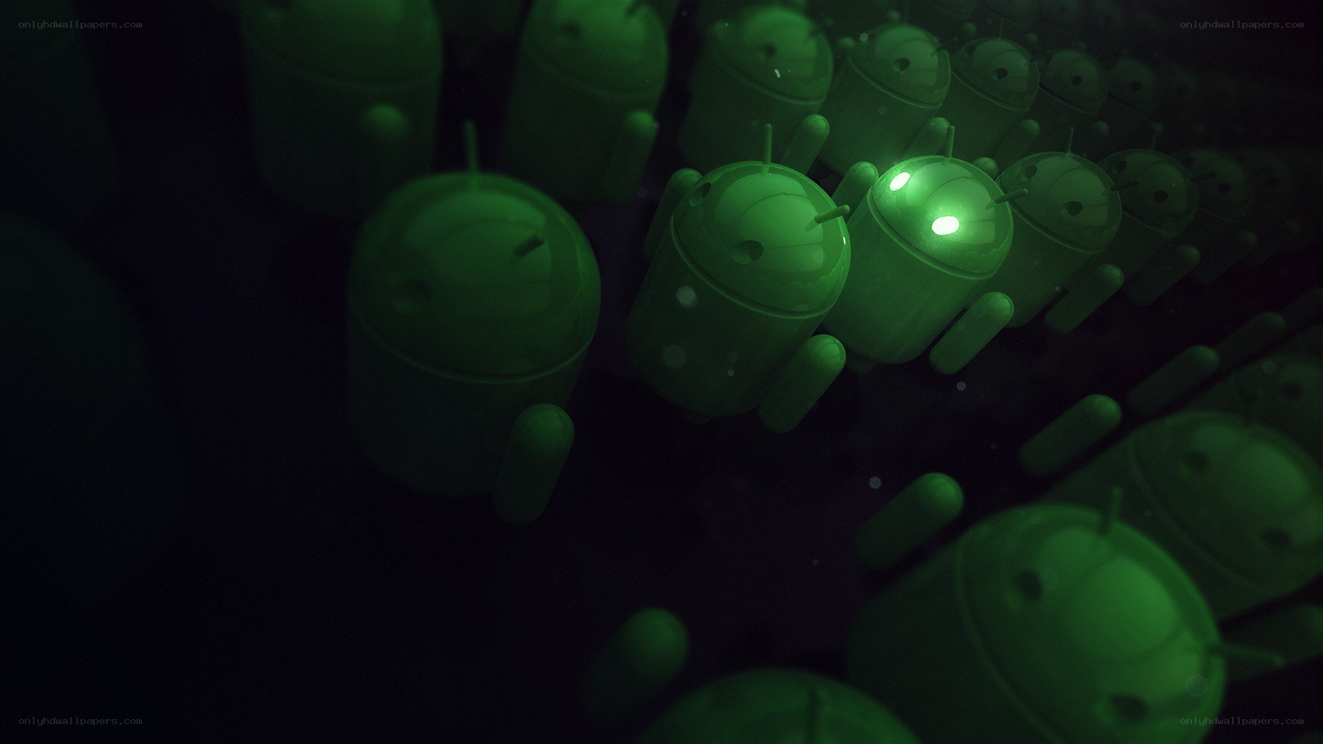 Green Android figures in dark space