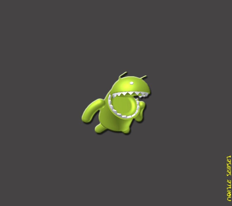 Green Android mascot with sharp teeth