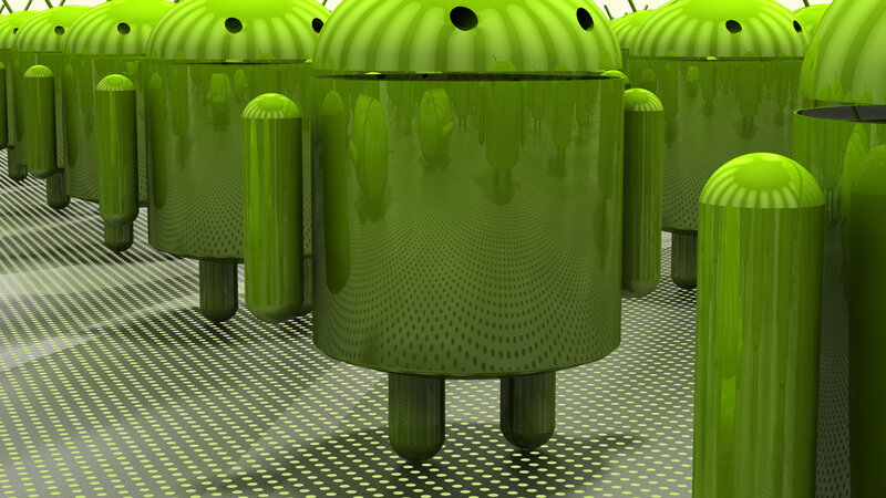 Green Android robots in formation