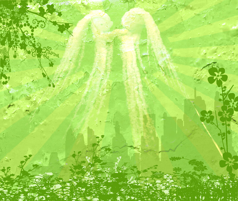 green angel cityscape background