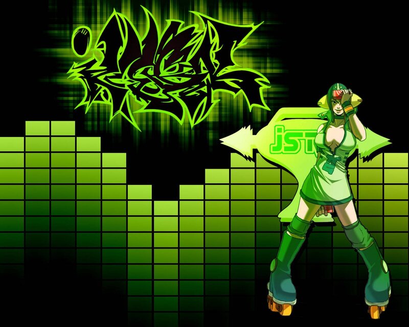 Green anime character with roller skates