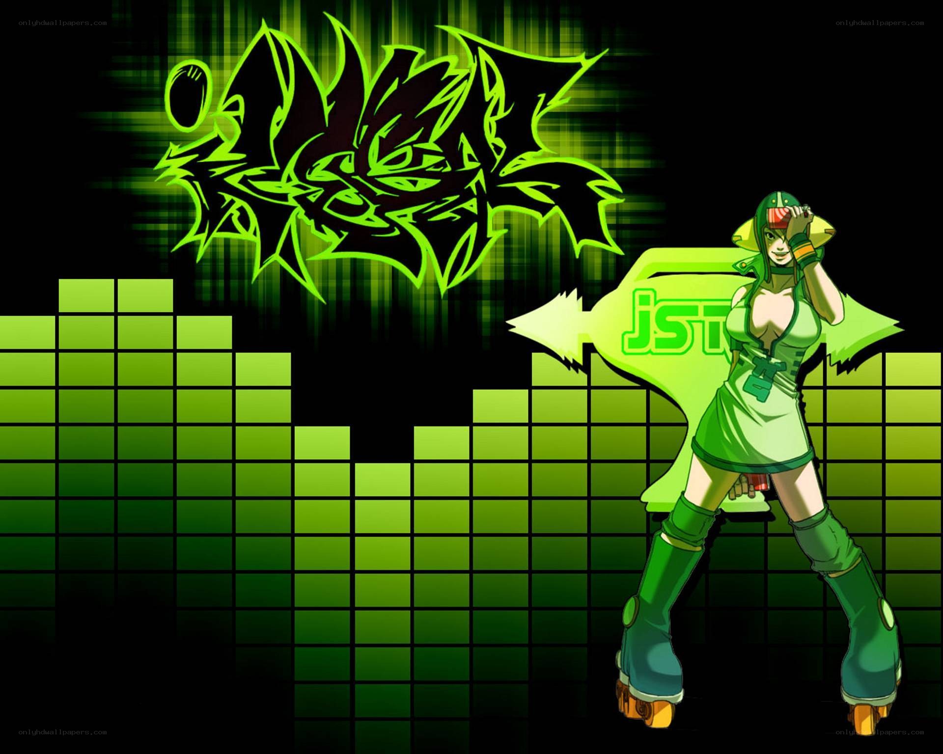 Green anime character with roller skates