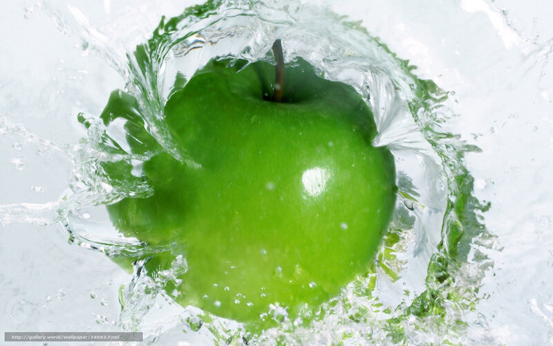 Green Apple in Water — Dynamic, Photograph, Splash, Stem