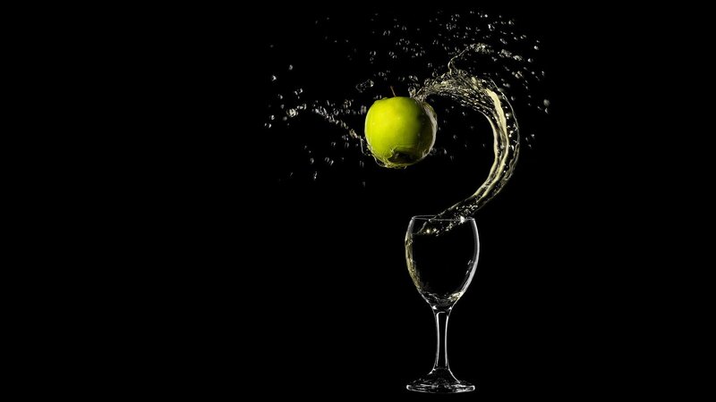 Green Apple Splashing Water — Black, Dramatic, Photograph