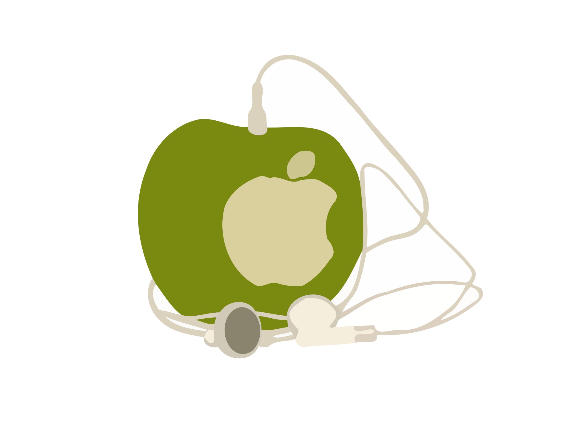 green apple with earbuds