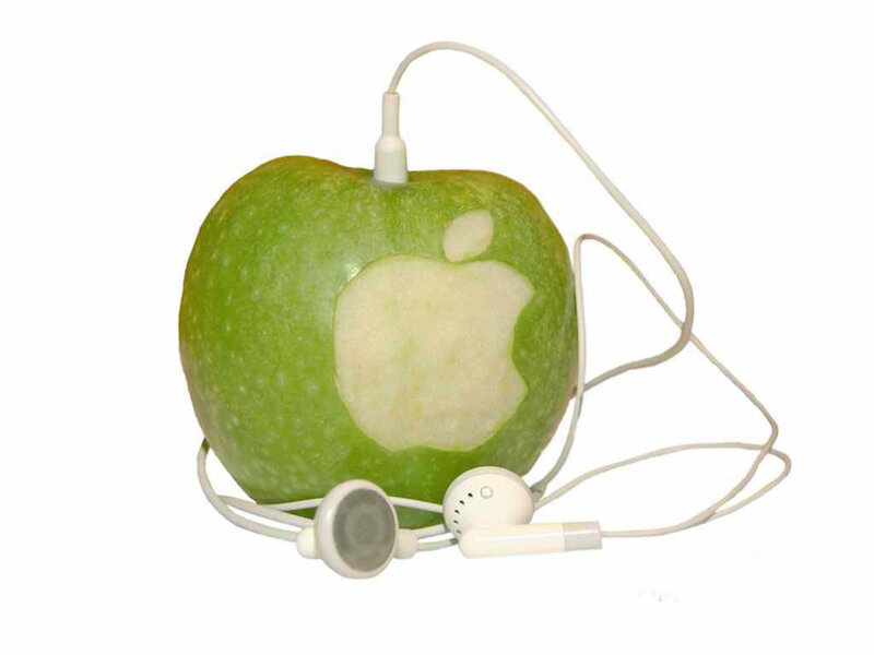 Green Apple with Earbuds — Neutral, Photograph, Cable