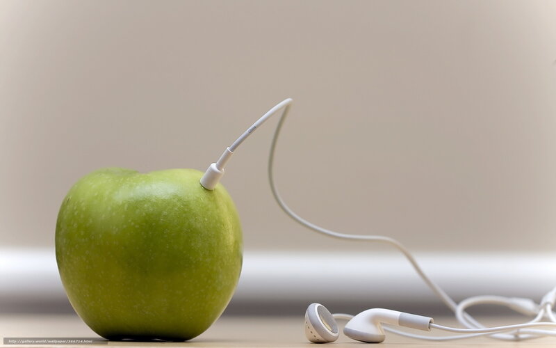 Green Apple with Earbuds — Neutral, Photograph