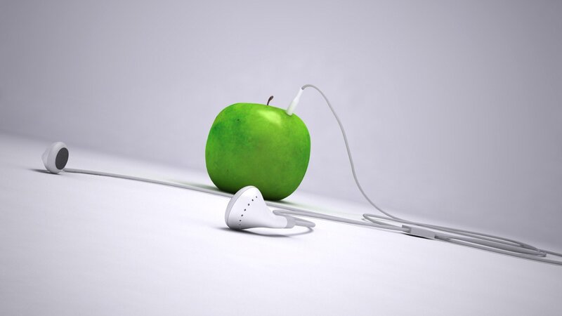 Green Apple with Earbuds — White