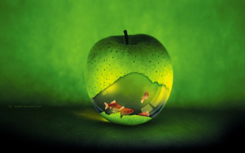 Green Apple with Fish — Surreal, Digital Art, Stem, Cutout