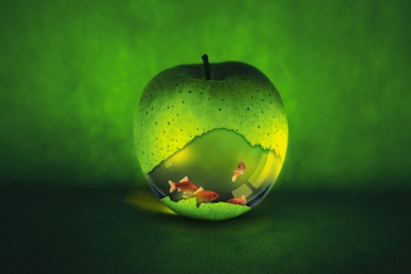 Green Apple with Fish — Surreal, Digital Art