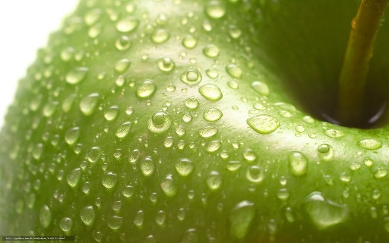 Green Apple with Water Droplets — Fresh, Photograph, Water Droplets, Stem
