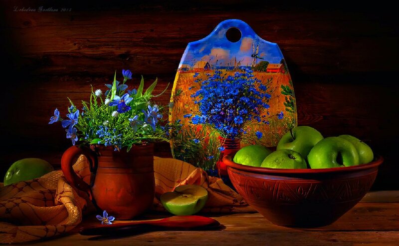 Green Apples and Blue Flowers