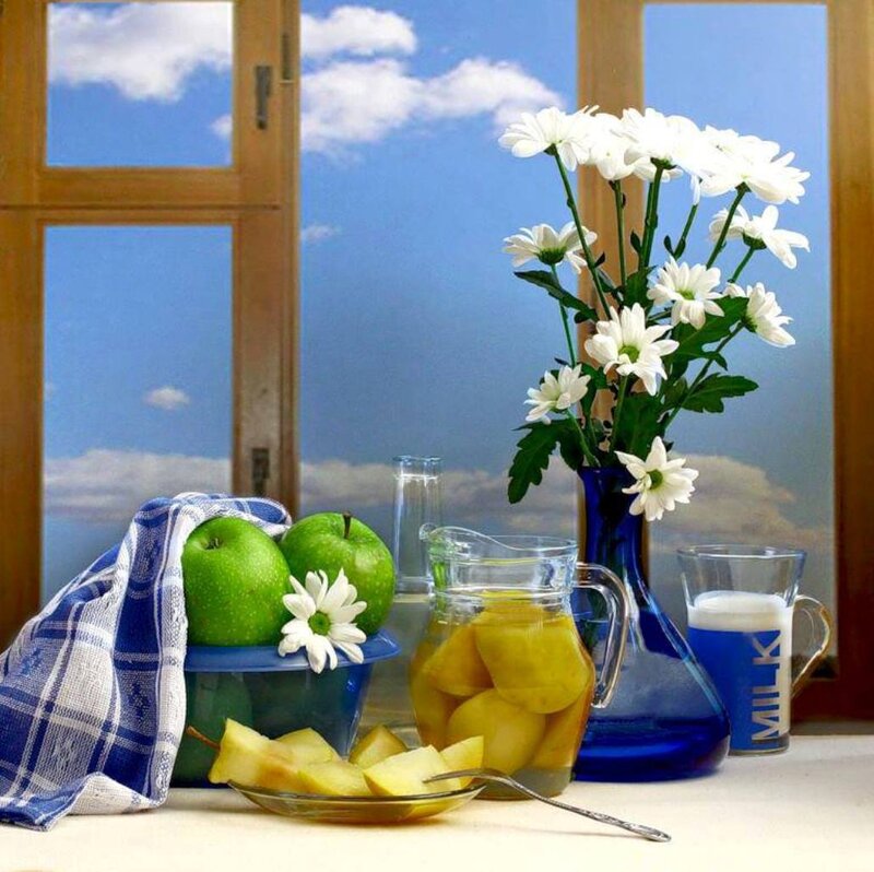 Green Apples and Flowers — Blue
