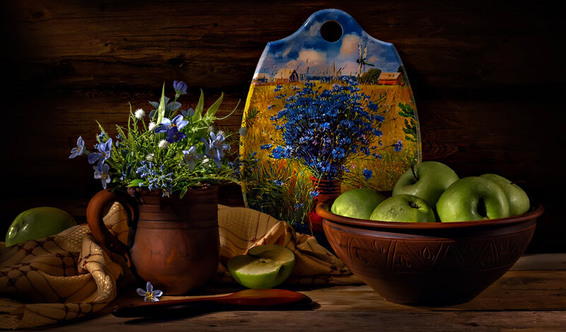 Green Apples and Flowers — Brown