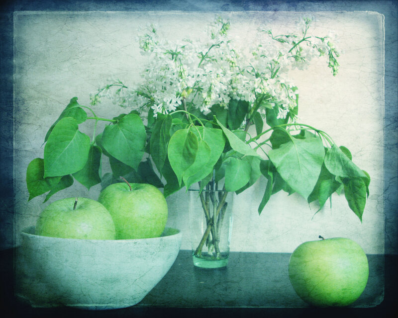 Green Apples and Lilac Flowers