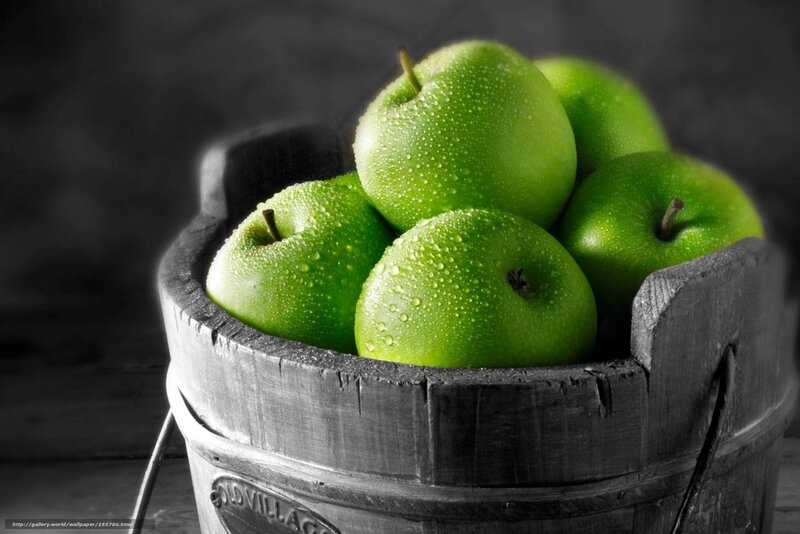 Green Apples in Bucket — Dramatic, Photograph, Drops, Wood