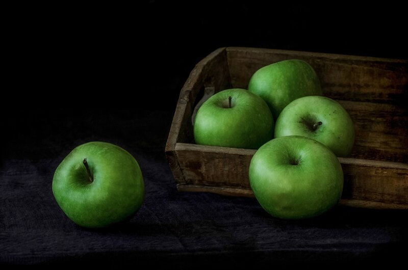 Green Apples in Wooden Box