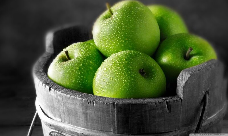 Green Apples in Wooden Bucket — Dramatic