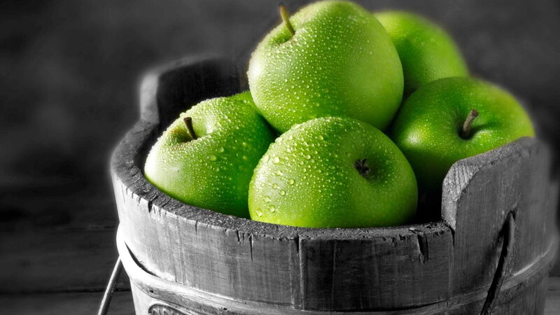 Green Apples in Wooden Bucket