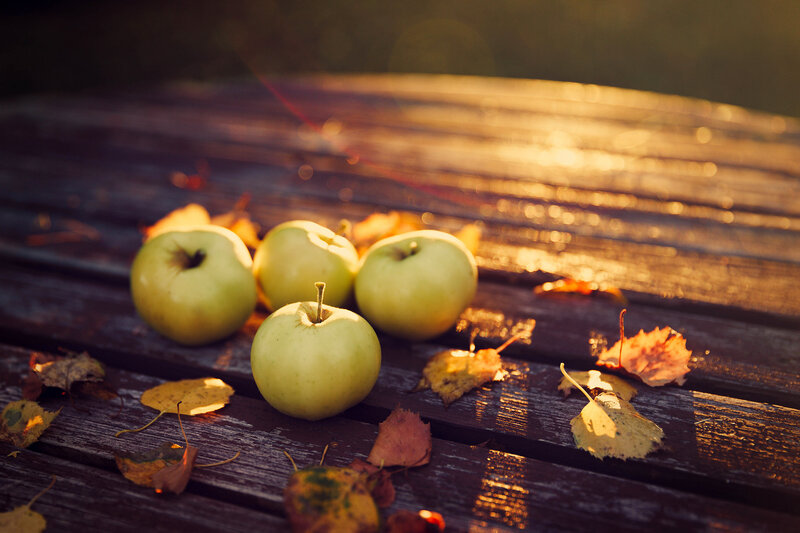 Green Apples on Table — Brown