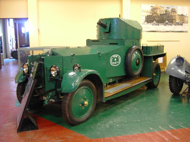 Green armored car on display