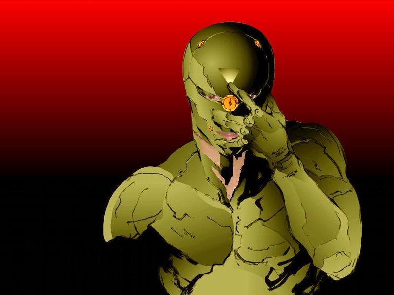 green armored figure with hand to face