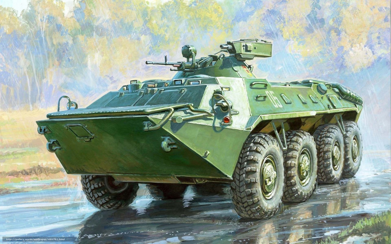 Green armored vehicle in rain