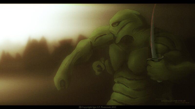 Green Armored Warrior — Dramatic, Sunset