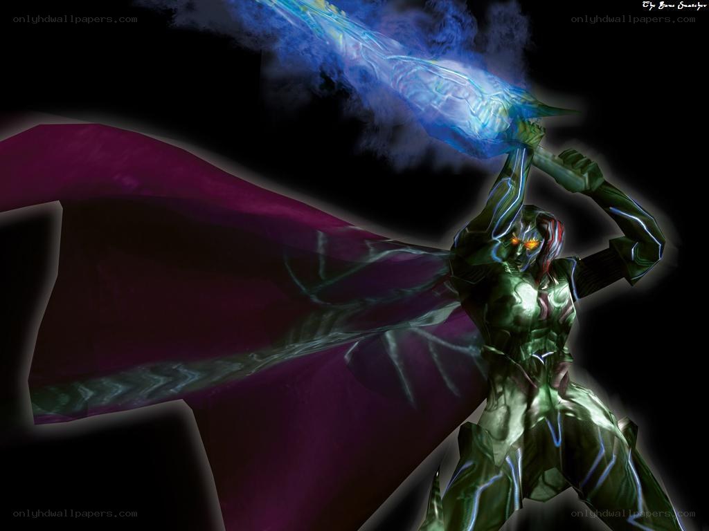green armored warrior with glowing sword