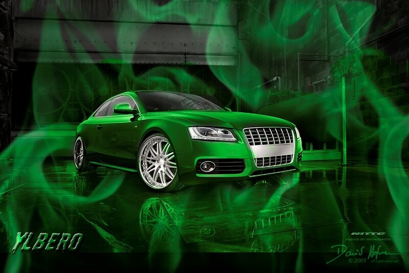 Green Audi in industrial setting