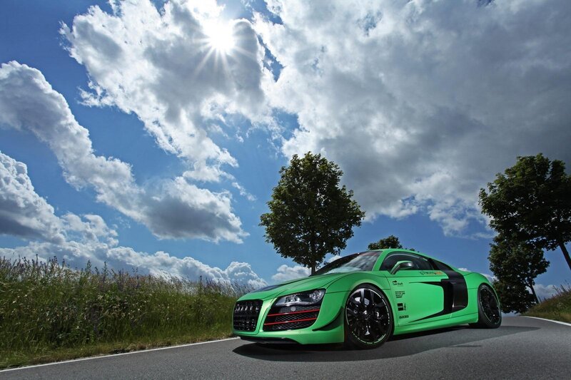 Green Audi R8 on a country road