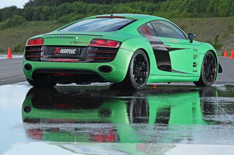 green audi r8 on wet track