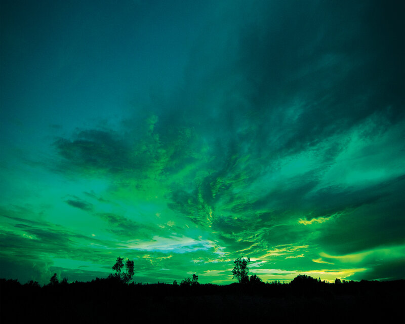 Green Aurora Borealis — Dramatic, Night, Photograph, Clouds, Trees