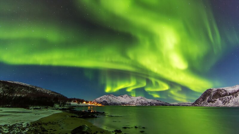 Green Aurora Borealis — Dramatic, Night, Photograph, Mountains, Lake